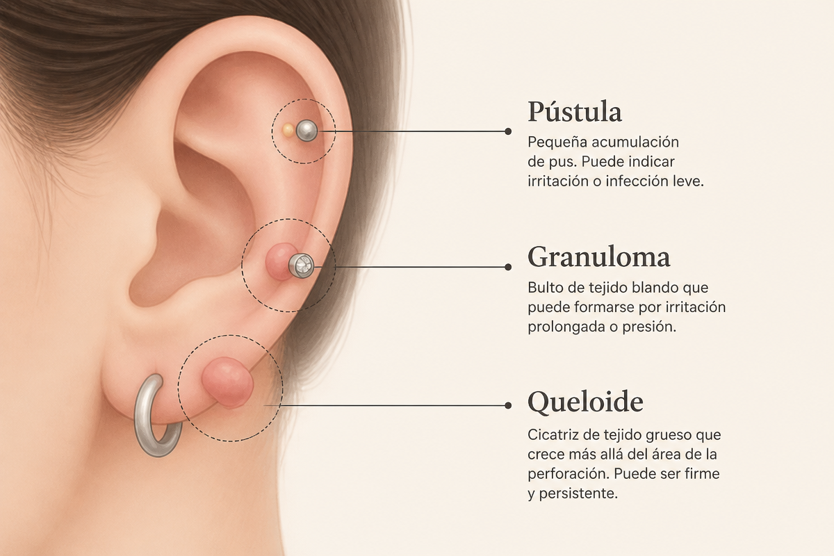 Ilustración médica de oreja con pústula, granuloma y queloide diferenciados